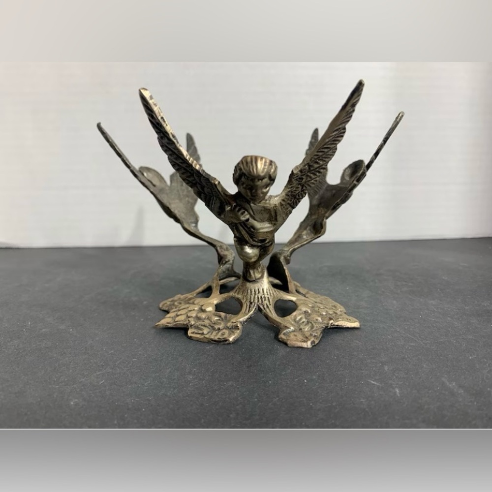 Vintage brass Crystal ball holder featuring angels and grapes